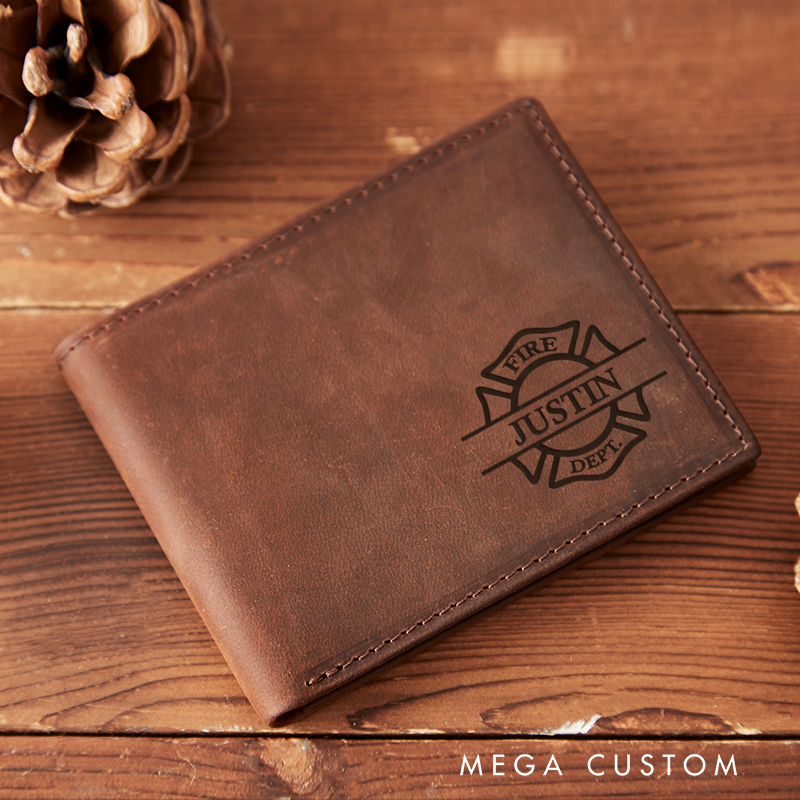 Personalized Leather Wallet with Firefighter Axes Customized Veterans Day Wallet Graduation Gift