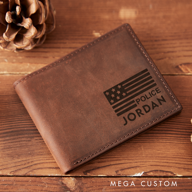 Personalized Leather Wallet with Police Flag Design Customized Veterans Day Wallet American Flag Wallet