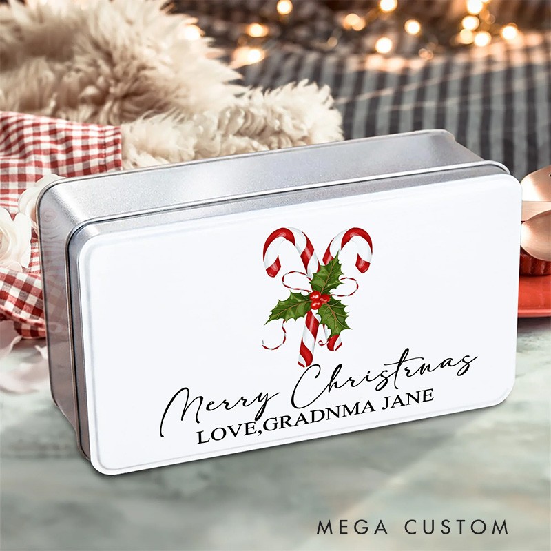 Personalized Christmas Candy Cane Metal Biscuit Tin Box with Text Christmas Gift for Family Kids Baking Lover Gifts