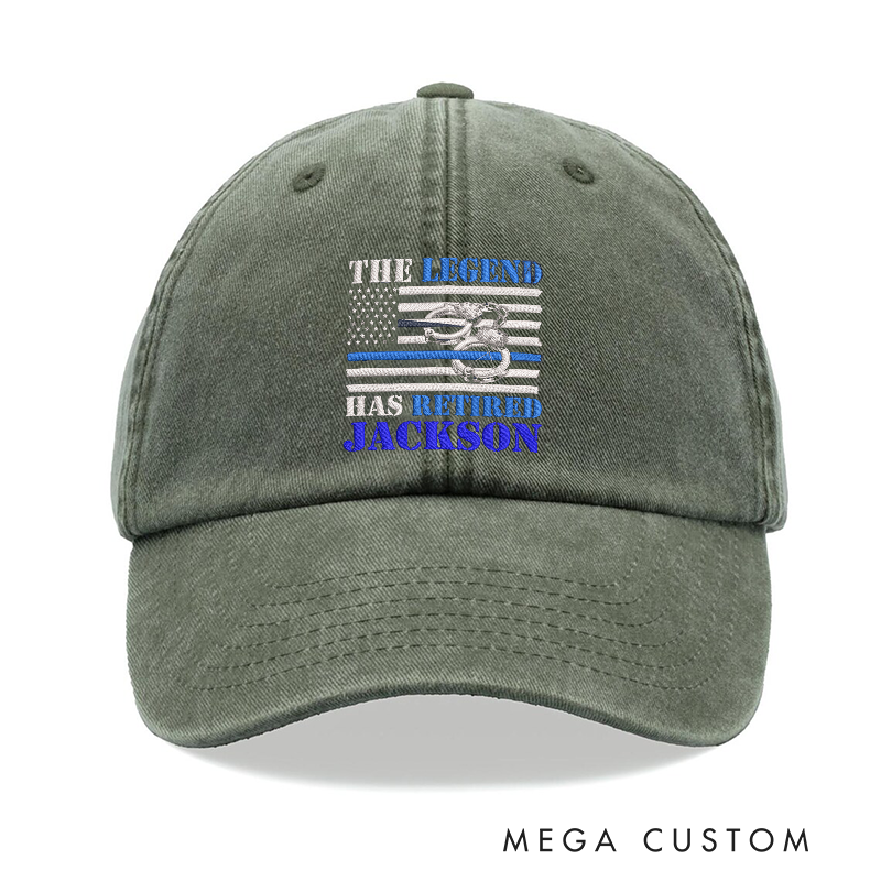 Personalized Retired Police Officer Embroidered Baseball Cap Thin Blue Line Design The Legend Has Retired Gift for Law Enforcement Veterans