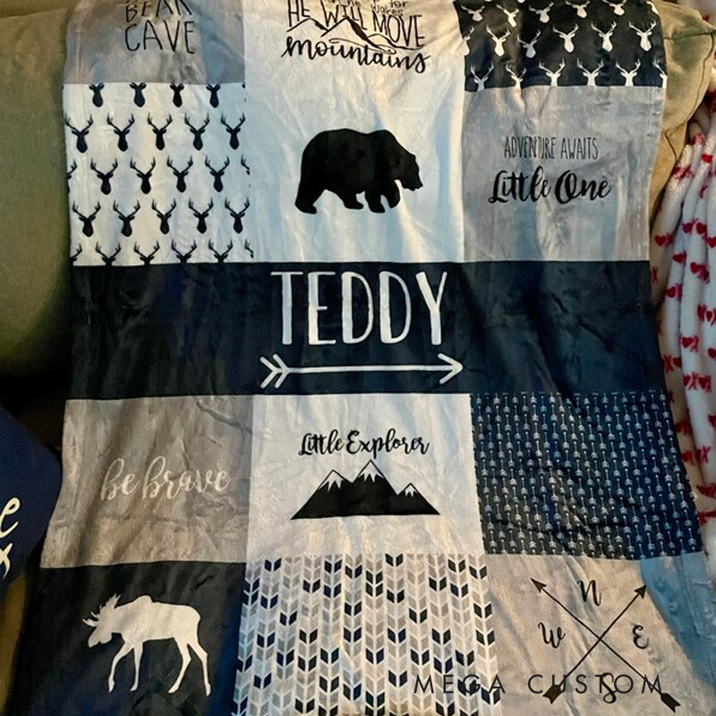 Personalized Blue Woodland Themed Blanket Customized with Name Adventure Throw Blanket for Kid Gift Hunting Lover