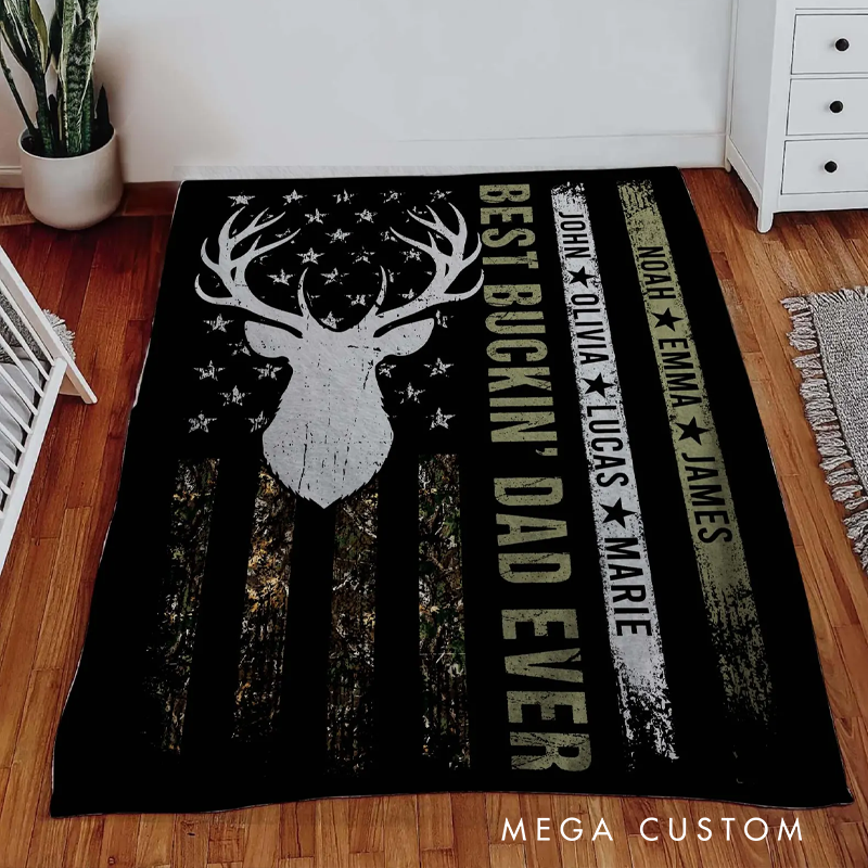 Personalized Dad Blanket with Kid Names Custom Gift for Dad Best Buckin Dad Ever Gift Dad Hunting Blanket Hunting Dad Gift Grandpa Gift