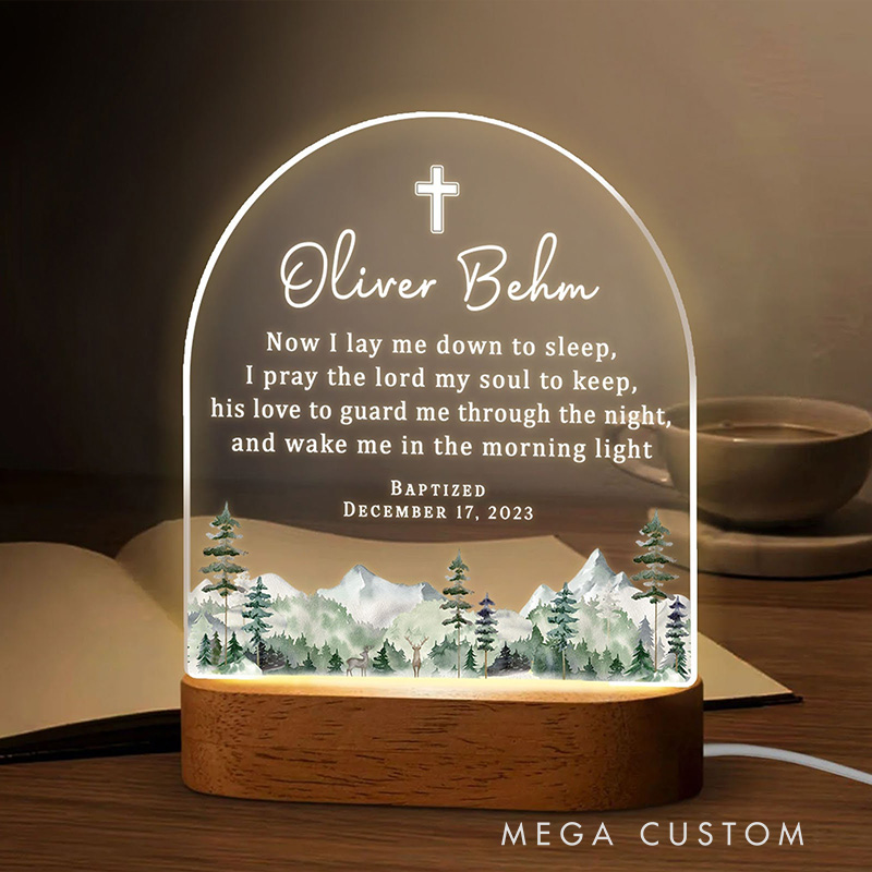 Personalized Cross Mountain Baptism LED Night Light with Wooden Base with Name and Date Nursery Decor Baptism Christening Dedicated Gift for Boy