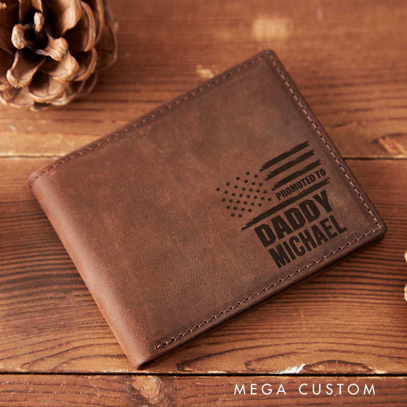 Personalized Leather Wallet with Promoted to Daddy Design Customized Veterans Day Wallet American Flag Wallet