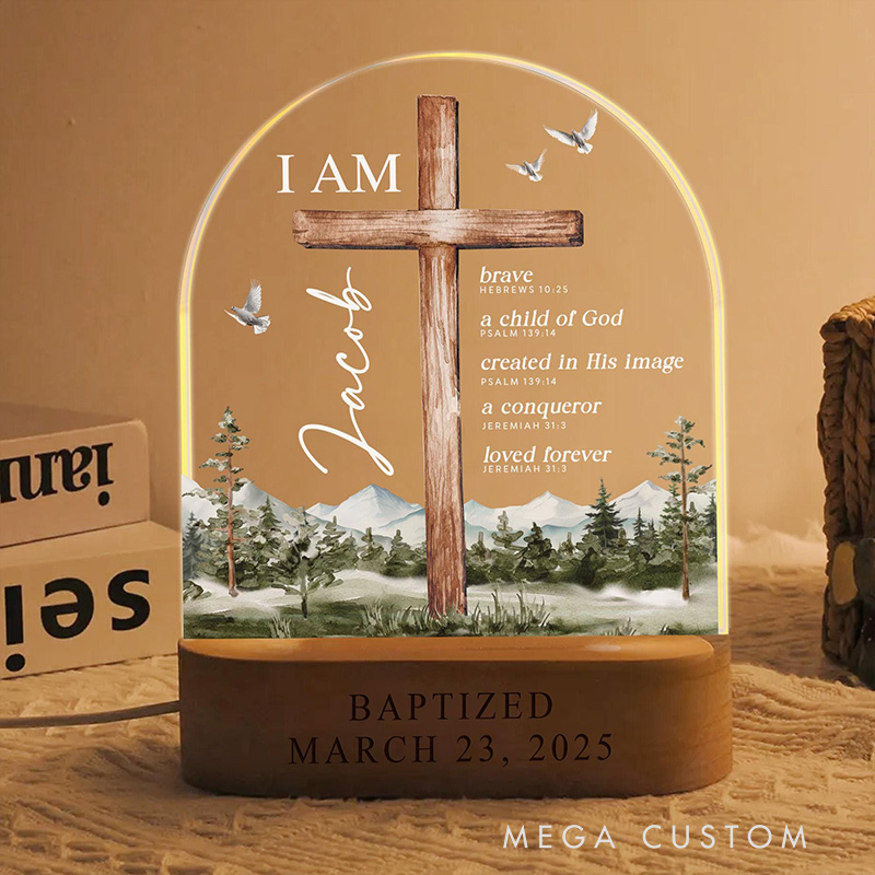 Personalized Cross Mountain Bible Verse Baptism LED Night Light with Wooden Base with Name and Date Nursery Decor Baptism Gift for Godson