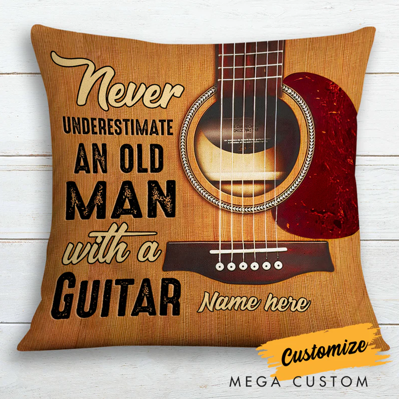 Personalized Name Throw Pillow Never Underestimate an Old Man With a Guitar for Music Lover Guitar Lovers Custom Gift