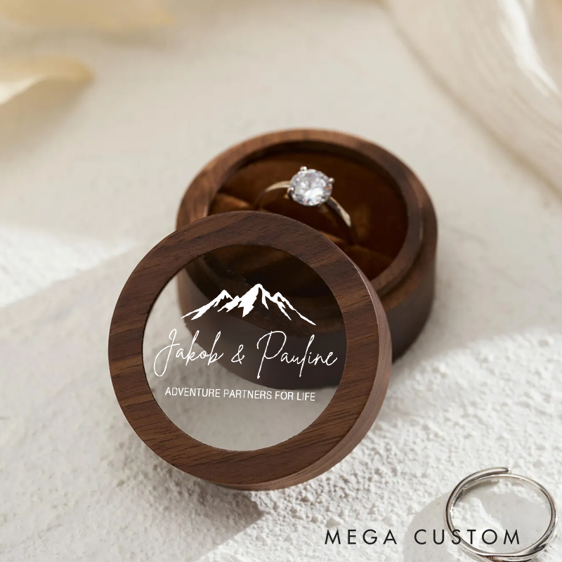 Personalized Wooden Round Ring Box Custom Adventure Partners for Life Ring Box Couple Gift for Her Him