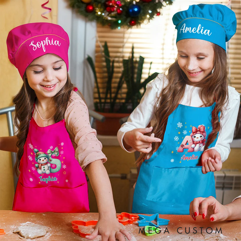 Personalized Cartoon Christmas Hat Snowman Initial Adjustable Kid Apron Chef Hat Set with Name and Pocket for Cooking Christmas Gift for Kids