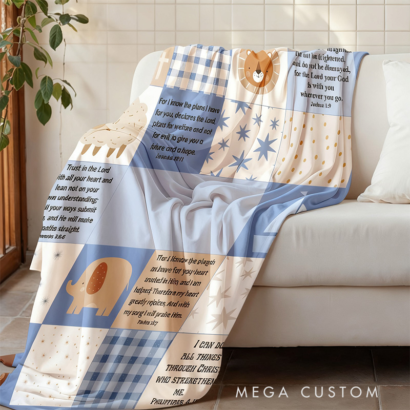 Personalized Woodland Animals Scripture Patchwork Throw Blanket with Name and Date Home Decor Christian Gift for Baby Boy Baptism & Christening Gift