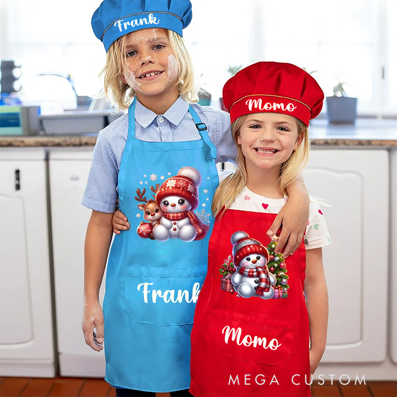 Personalized Cute Snowman Adjustable Apron Chef Hat Set with Pocket and Name Cooking Baking Birthday Gift for Kids