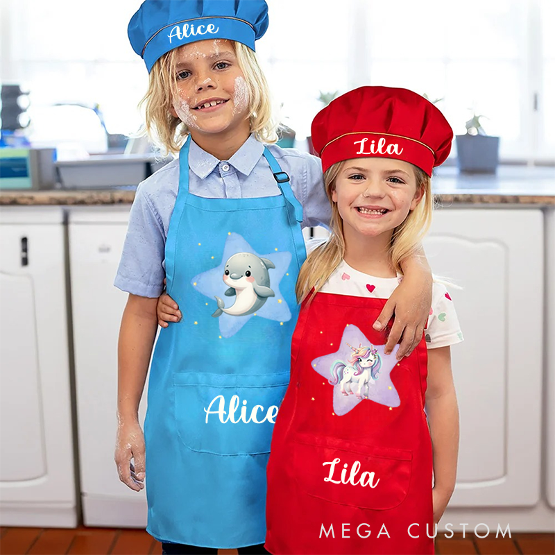 Personalized Cute Animals Adjustable Apron Chef Hat Set with Pocket and Name Cooking Baking Birthday Gift for Kids