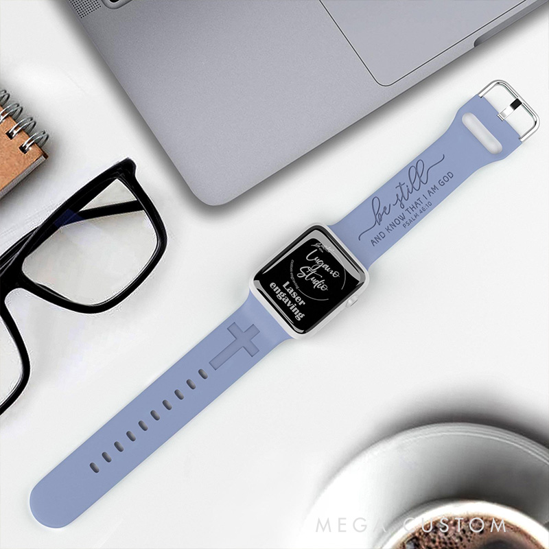 Personalized Be Still Cross Silicone Watch Band with Name for Apple Watch Engraved Psalm 46:10 Bible Verses Watch Band Religious Christian Gift