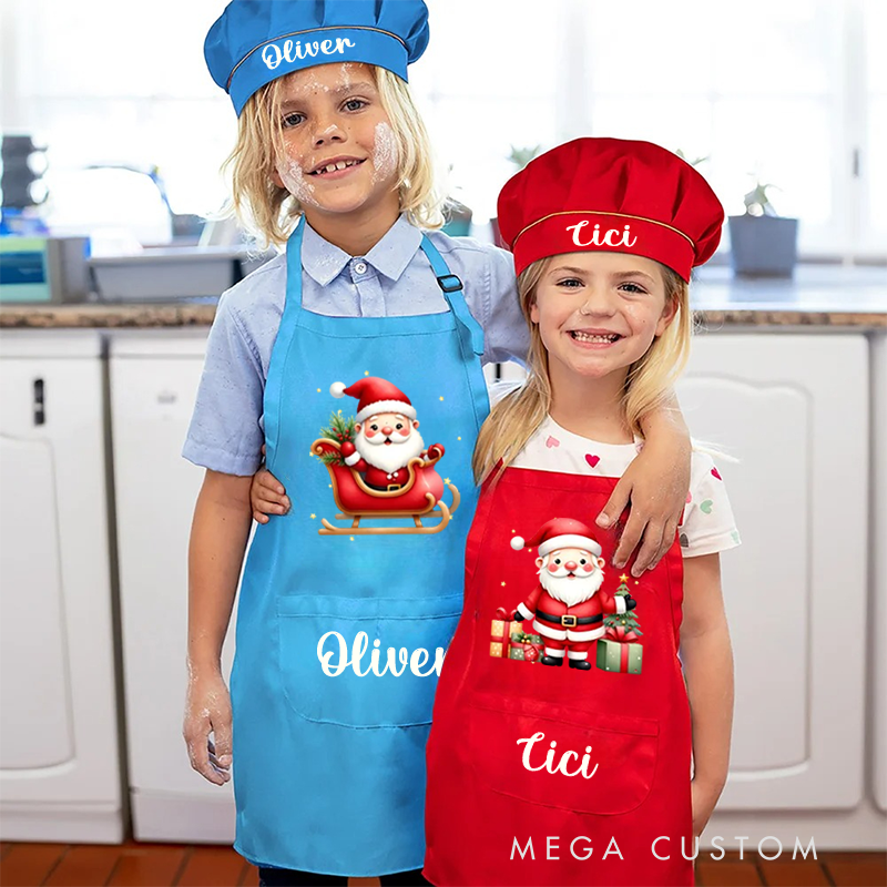 Personalized Cute Santa Claus Apron Chef Hat Set with Pocket and Name Cooking Baking Birthday Gift for Kids