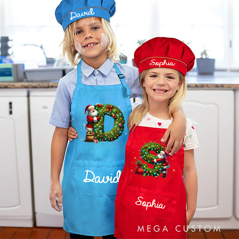 Personalized Santa Claus Initials Adjustable Apron Chef Hat Set with Pocket and Name Cooking Baking Birthday Gift for Kids