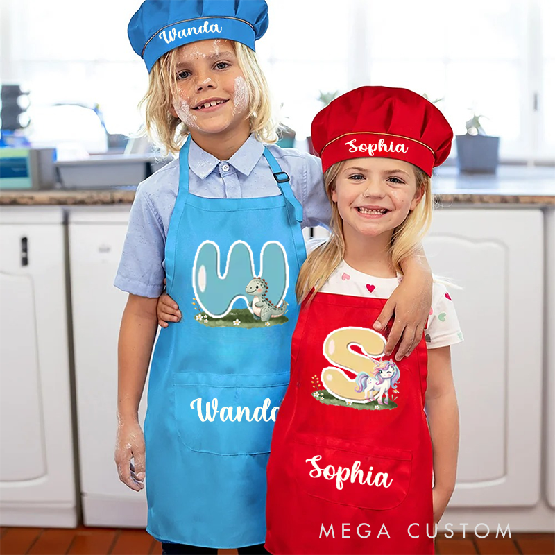Personalized Animal Initials Adjustable Apron Chef Hat Set with Pocket and Name Cooking Baking Birthday Gift for Kids