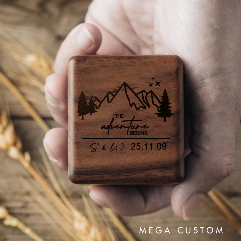Personalized Engraved Wooden Ring Box Custom the Adventure Begins 2 Slots Ring Bearer Box Wood Ring Holder Gift for Couple