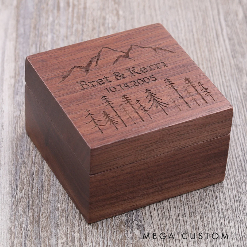 Personalized Mountains Walnut Wood Ring Box for Outdoor Adventure Couple Custom Jewelry Box Gift for Couple