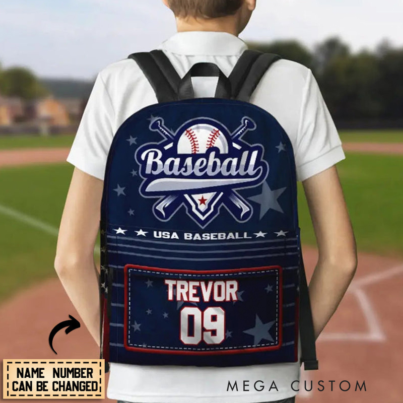 Personalized USA Baseball Themed Backpack with Custom Name and Number for Players and Fans  