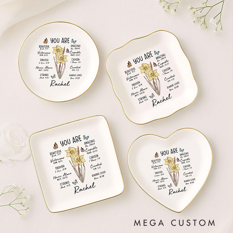 Personalized You are Birth Flower Ceramic Square Round Heart Ring Dish with Name Christian Jewelry Dish Bible Verse Ring Dish Gift for Her Faith Gift