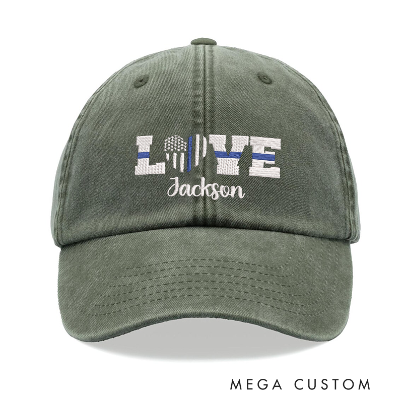 Personalized Love Police Embroidered Baseball Cap with Custom Name and Thin Blue Line Design Stylish Gift for Law Enforcement Supporters