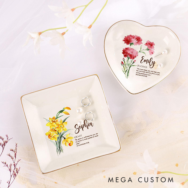Personalized Bible Verse Watercolor Birth Flower Ceramic Ring Dish with Name Christian Floral Trinket Dish Faith Jewelry Dish Gift for Her