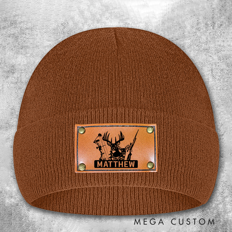 Personalized Bow and Hunting Rifle Winter Hat for Dad Custom Deer Hunter Beanie Hat Hunter Gift for Husband