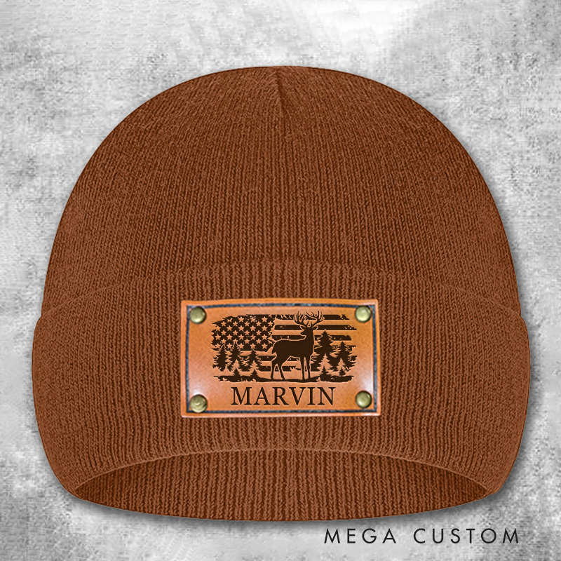 Personalized Leather Patch Beanie Custom Deer and Forest Design with American Flag Knitted Hat Hunter Gift for Husband Dad Boyfriend