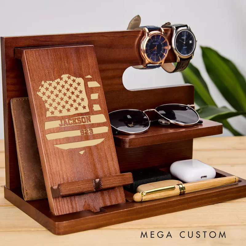 Personalized Police Uniform Wooden Docking Station Custom Engraved Organizer for Watches Wallet Sunglasses and Accessories