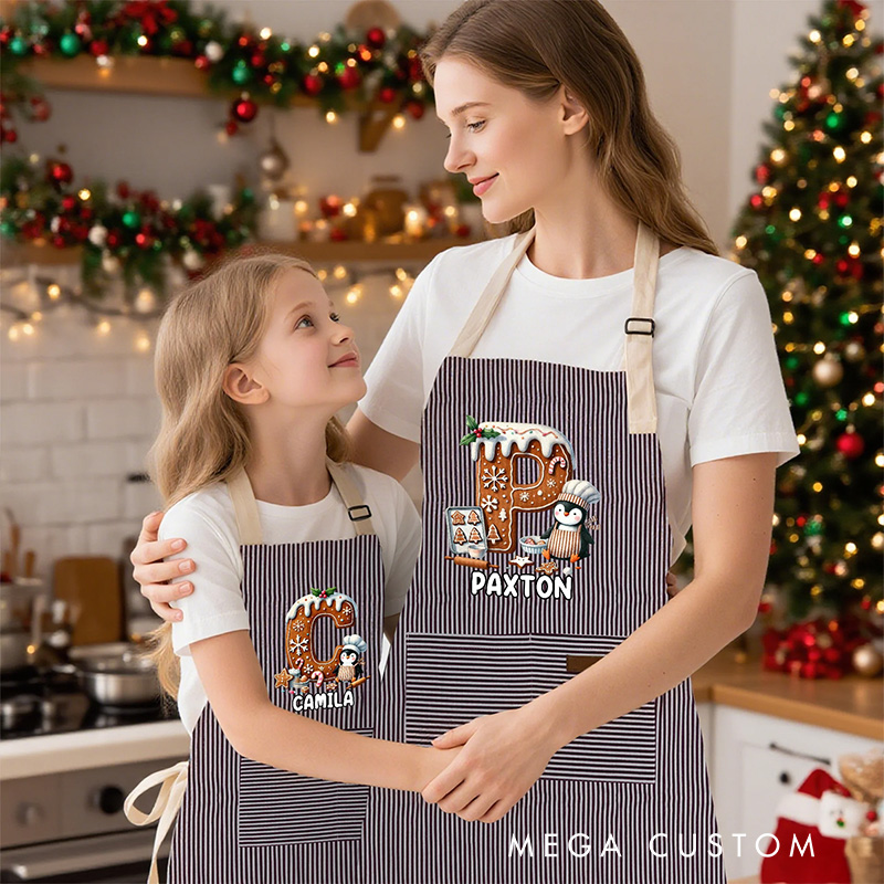 Personalized Christmas Penguin Biscuit Initial Kid Adult Baking Apron with Name and Front Pocket Birthday Christmas Gift for Kids Family