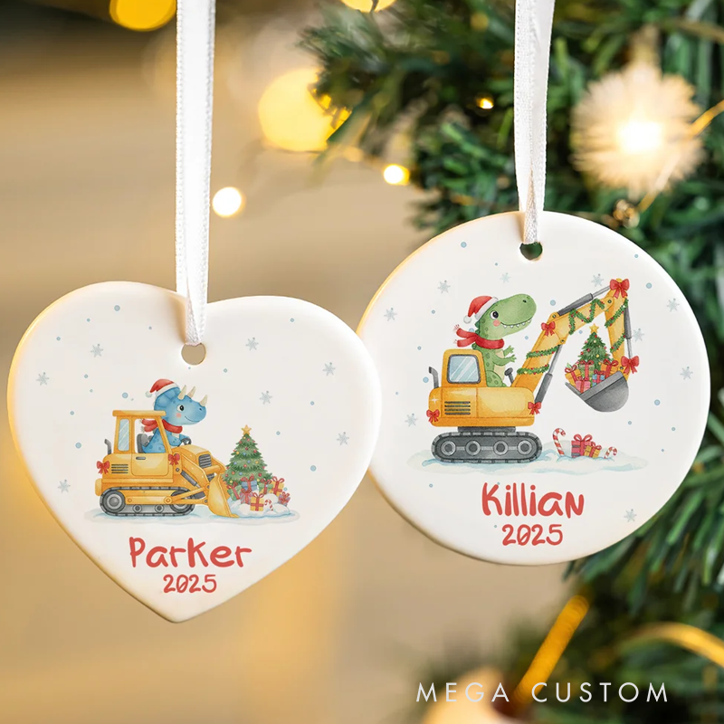 Personalized Cute Dinosaur Construction Vehicle Heart Circular Hanging Ornament Home Decor Christmas Gift 