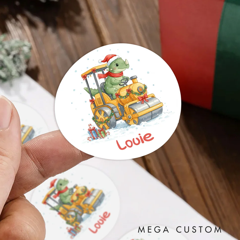 Personalized Cute Dinosaur Construction Vehicles Waterproof Stickers with Name Gift Decor Christmas Party Favors for Boys Dinosaur Lovers