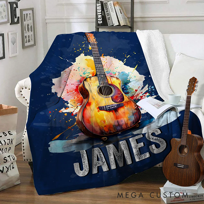 Personalized Multicolor Splash Ink Electric Guitar Soft Throw Blanket with Name Music Room Decor Gift for Guitar Player