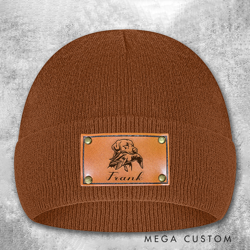 Personalized Leather Patch Beanie Custom Hunter Winter Hat Hunter Gift for Husband Dad Boyfriend