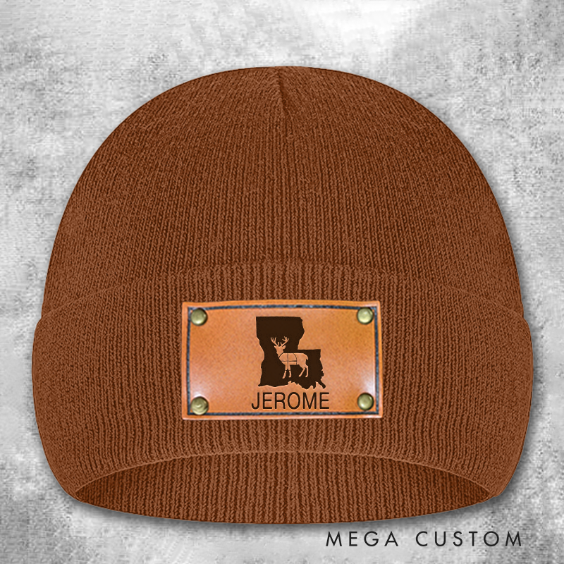 Personalized Any State Whitetail Deer Hunting Firearm Snap Back Patch Beanie Custom Hunter Winter Hat Gift for Husband Dad Boyfriend