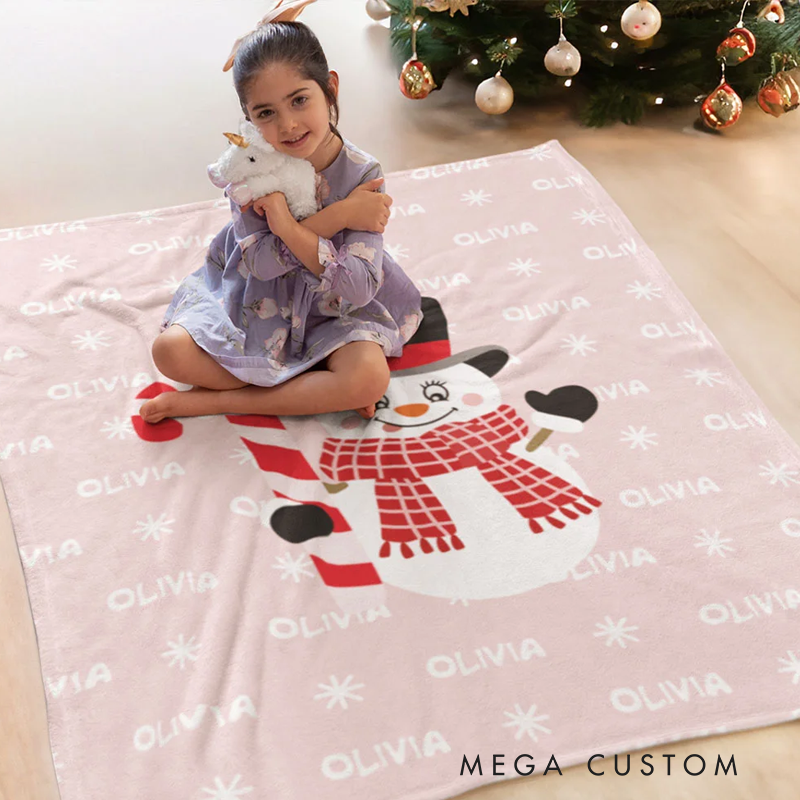 Personalized Cute Candy Cane Top Hat Snowman Soft Throw Blanket with Name Festival Home Decor Christmas Birthday Gift for Family Kids