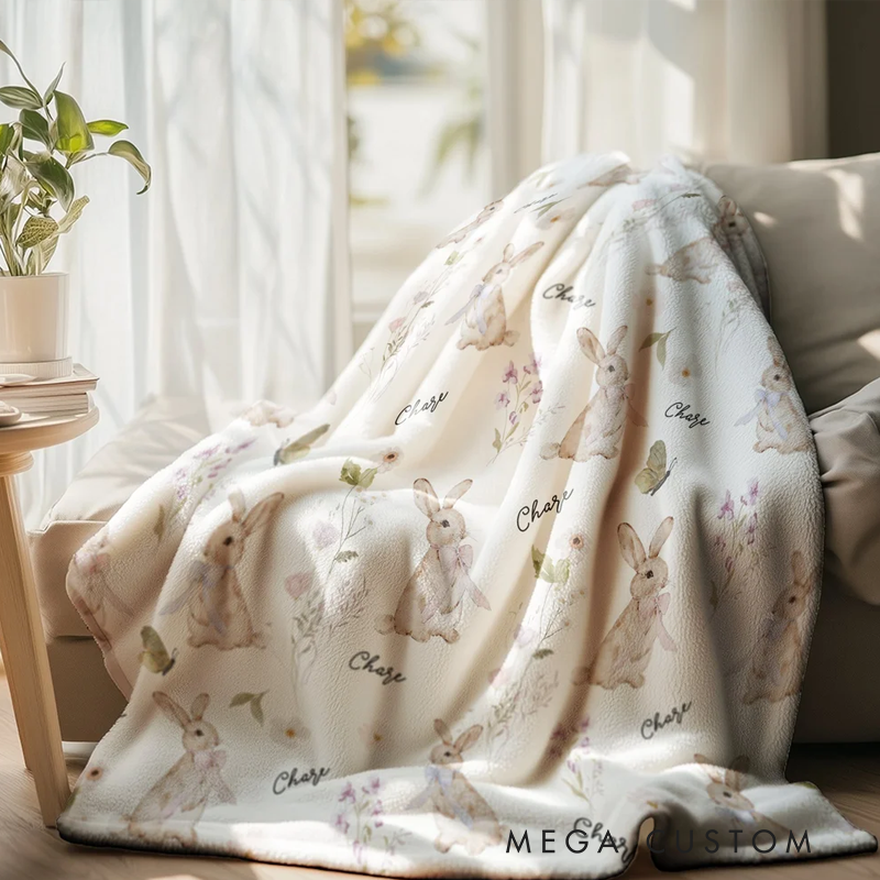 Personalized Wildflower Rabbit Soft Throw Blanket with Name Home Decor Anniversary Birthday Gift for Family Baby