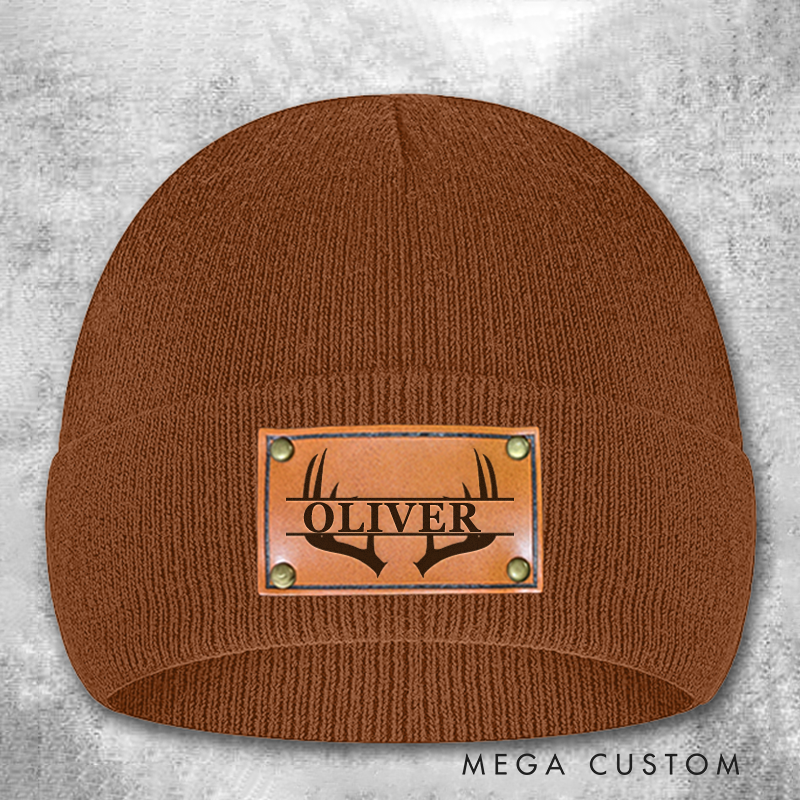 Personalized Leather Patch Beanie Custom Name Hat Hunting Winter Hat Gift for Husband Him Boyfriend