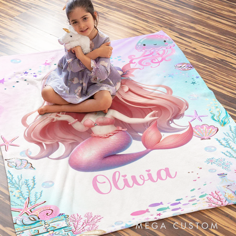 Personalized Fantasy Mermaid Soft Throw Blanket with Name Home Decor Birthday Gift for Girls Mermaid Lovers