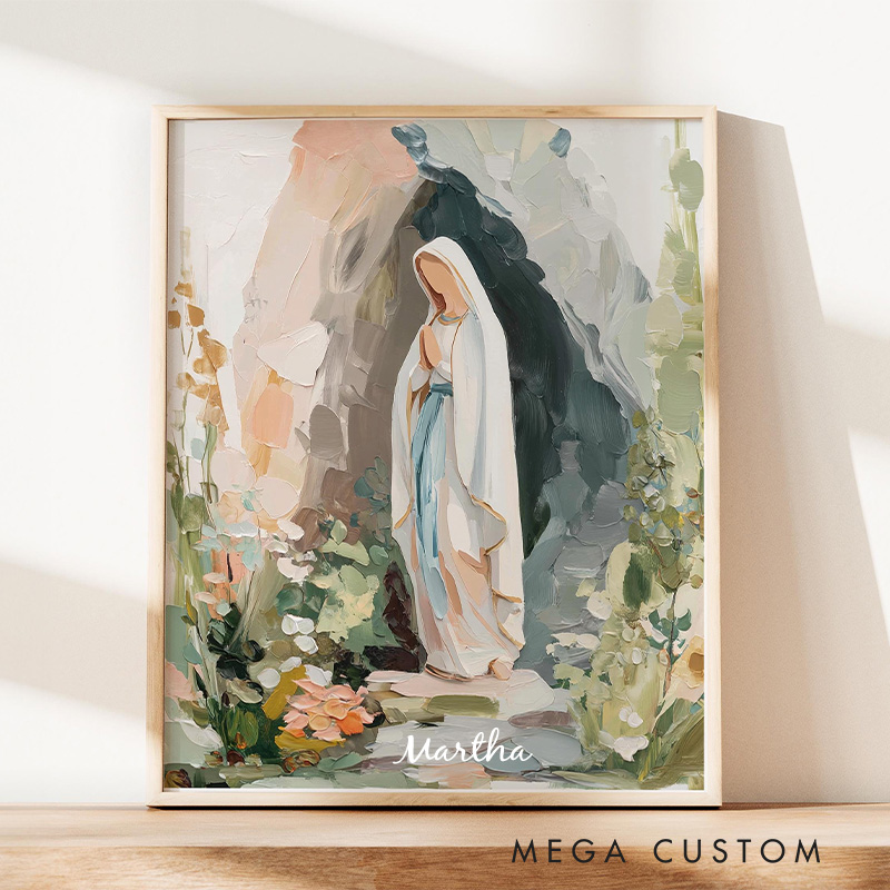 Personalized Our Lady of Lourdes Virgin Mary Catholic Modern Art Frameless Poster with Name Neutral Christian Wall Decor Gift for Her Blessed Mother