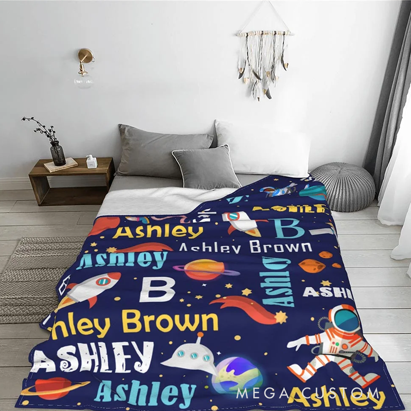 Personalized Space Theme Astronaut Rocket Fleece Soft Blanket with Name Birthday Gift for Kid