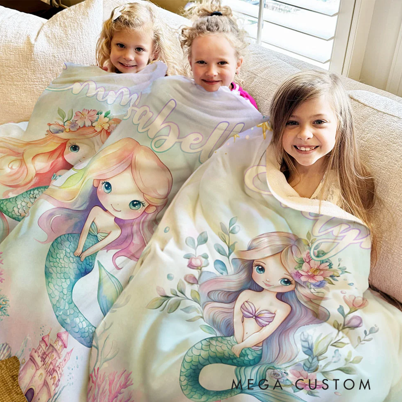 Personalized Fantasy Mermaid Princess Underwater World Soft Throw Blanket with Name Home Decor Birthday Gift for Girls