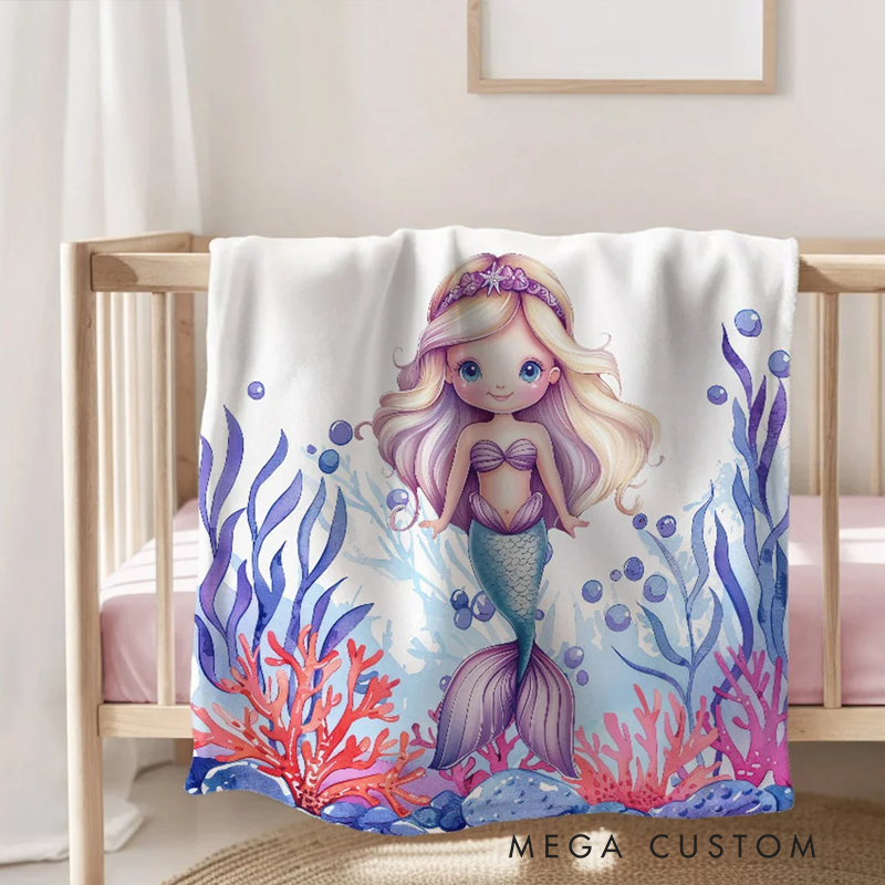 Personalized Fantasy Mermaid Underwater World Soft Throw Blanket with Name Home Decor Birthday Gift for Girls
