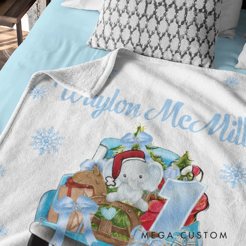 Personalized Baby's First Christmas Blanket Cute Animal on Gift Truck Sofa Blanket with Name Holiday Home Decoration Christmas Gift for Family Kid