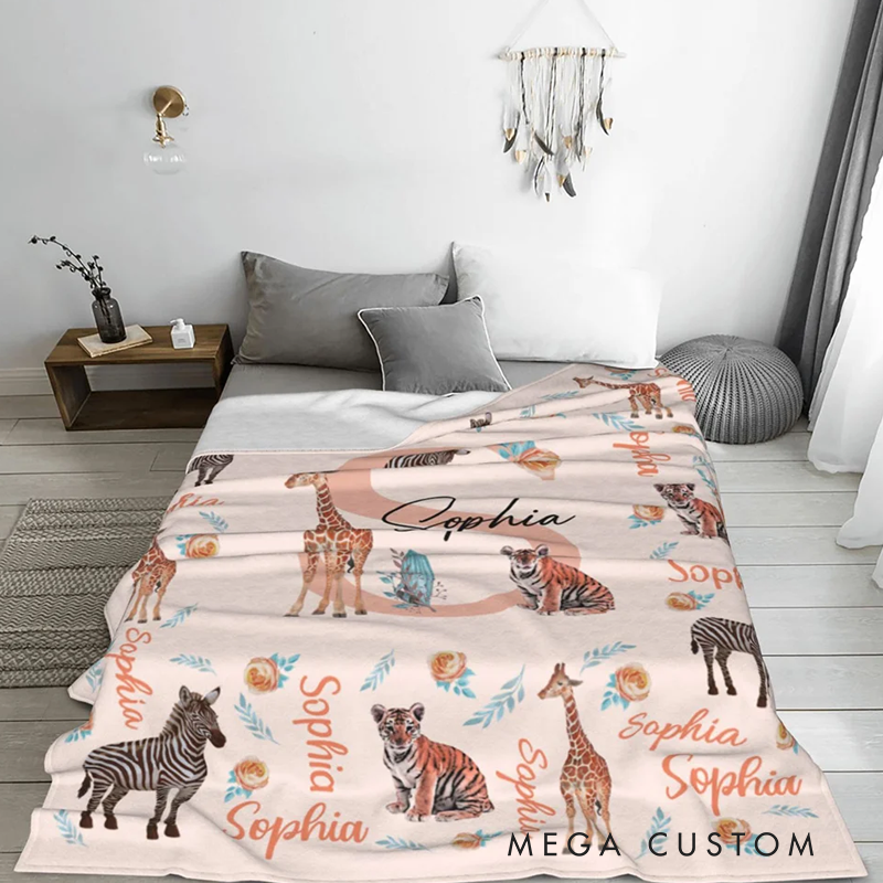 Personalized Cute Jungle Animal Soft Throw Blanket with Name Baby Shower Christmas Gift for Boys Girls