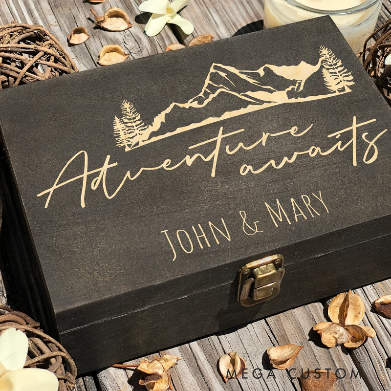 Personalized Wooden Keepsake Box Engraved Adventure Awaits Outdoor Adventures Memory Box Wood Memorial Box Gift for Outdoor Lover