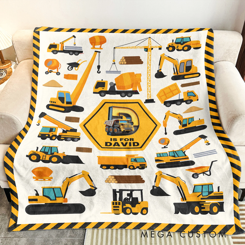 Construction Vehicles Truck, Unicorn Letter - Personalized Blanket