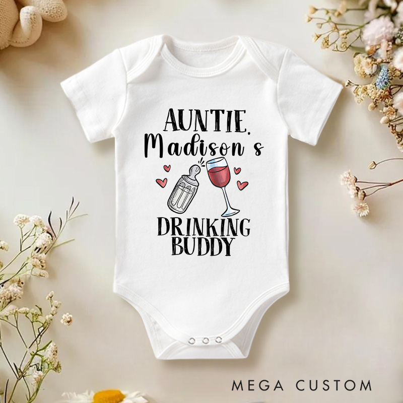Personalized Auntie Madison Drinking Buddy Baby Onesie Gift for New Baby