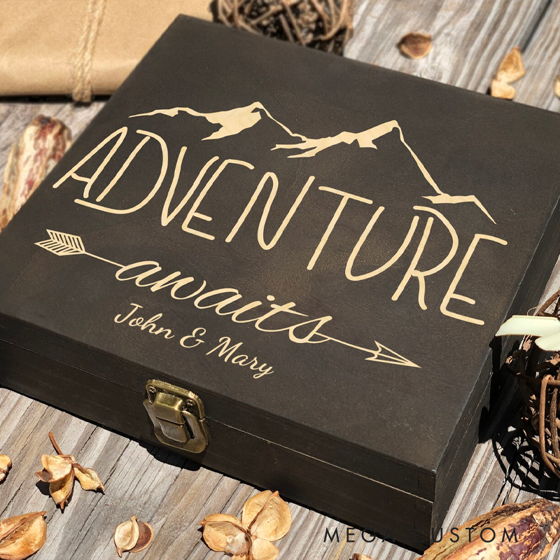 Personalized Adventure Memory Box Engraved Rustic Keepsake Custom Photo Box Adventure Awaits Memorial Box Gift for Outdoor