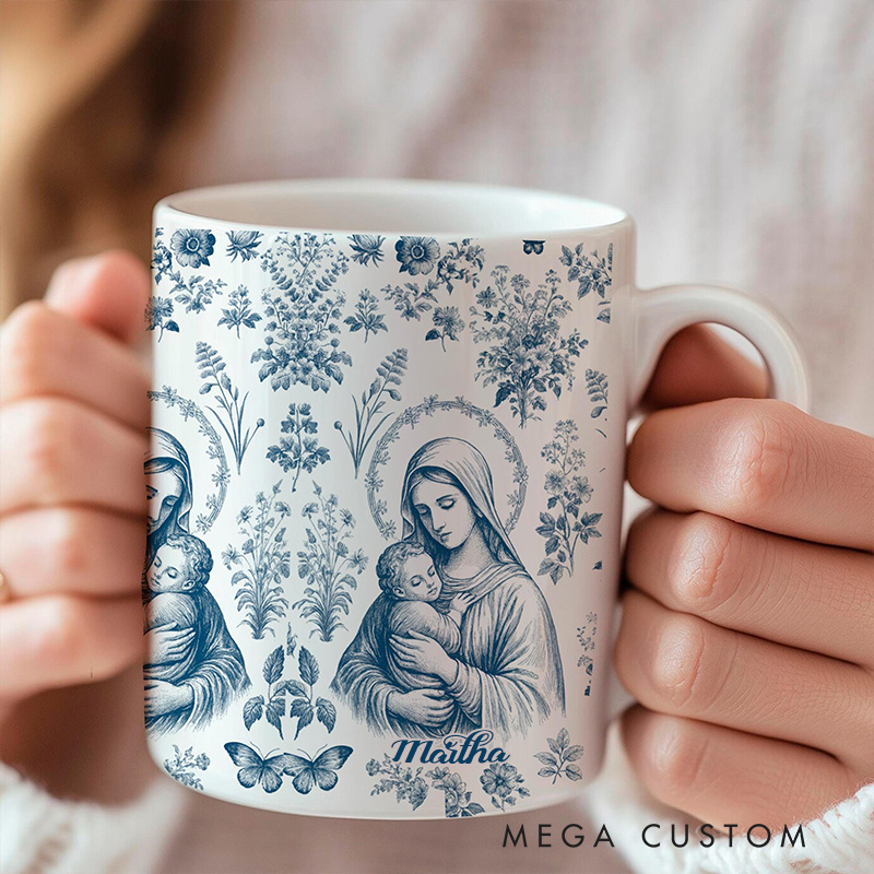 Personalized Virgin Mary & Jesus 11oz 15oz Ceramic Mug with Name French Blue Toile Our Lady Coffee Cup Vintage Floral Catholic Marian Mug Gift for Her