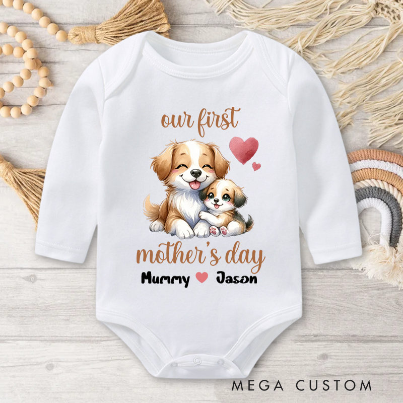 Personalized Cute Animal Mom Hugs Baby Baby Bodysuit with Names First Mother's Day Gift for Newborn New Mom